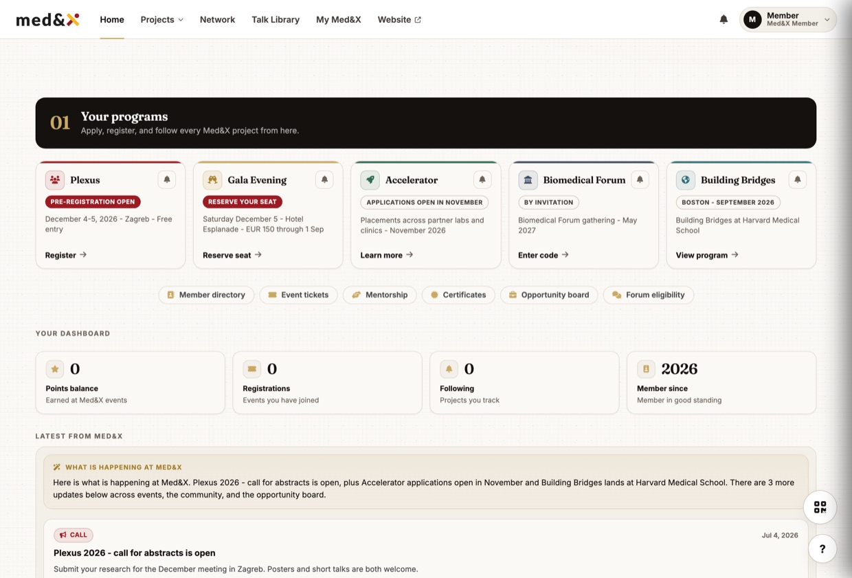 The Med&X member portal home screen showing your programs, dashboard and points balance