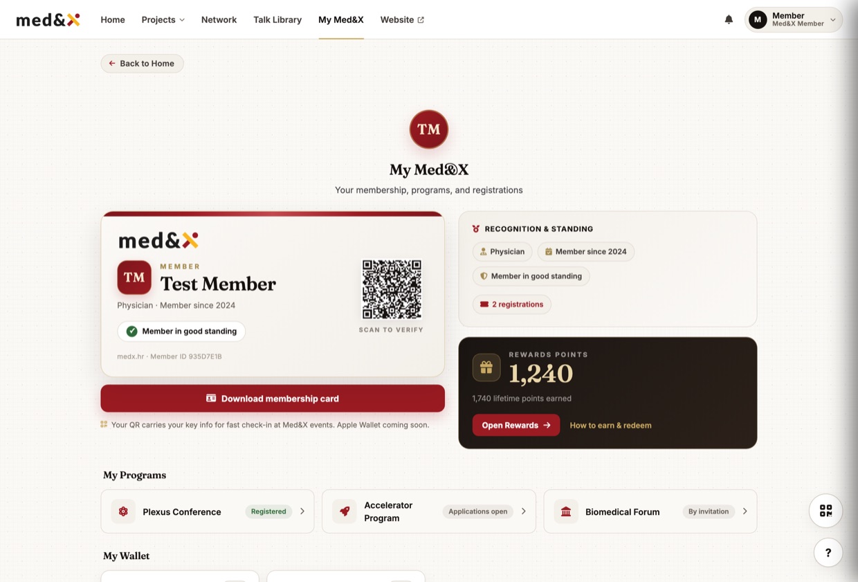 The My Med&X screen showing a membership card with a QR code, standing and rewards points