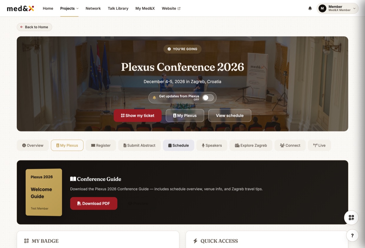 A Med&X project page for the Plexus Conference 2026, showing the ticket, schedule and speakers