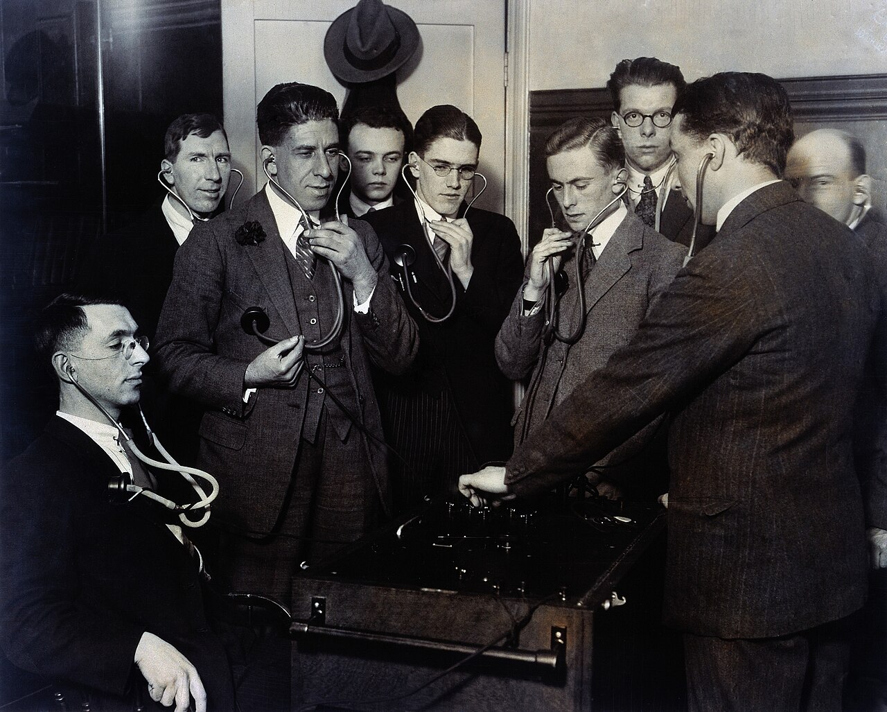 Medical students learning with stethoscopes